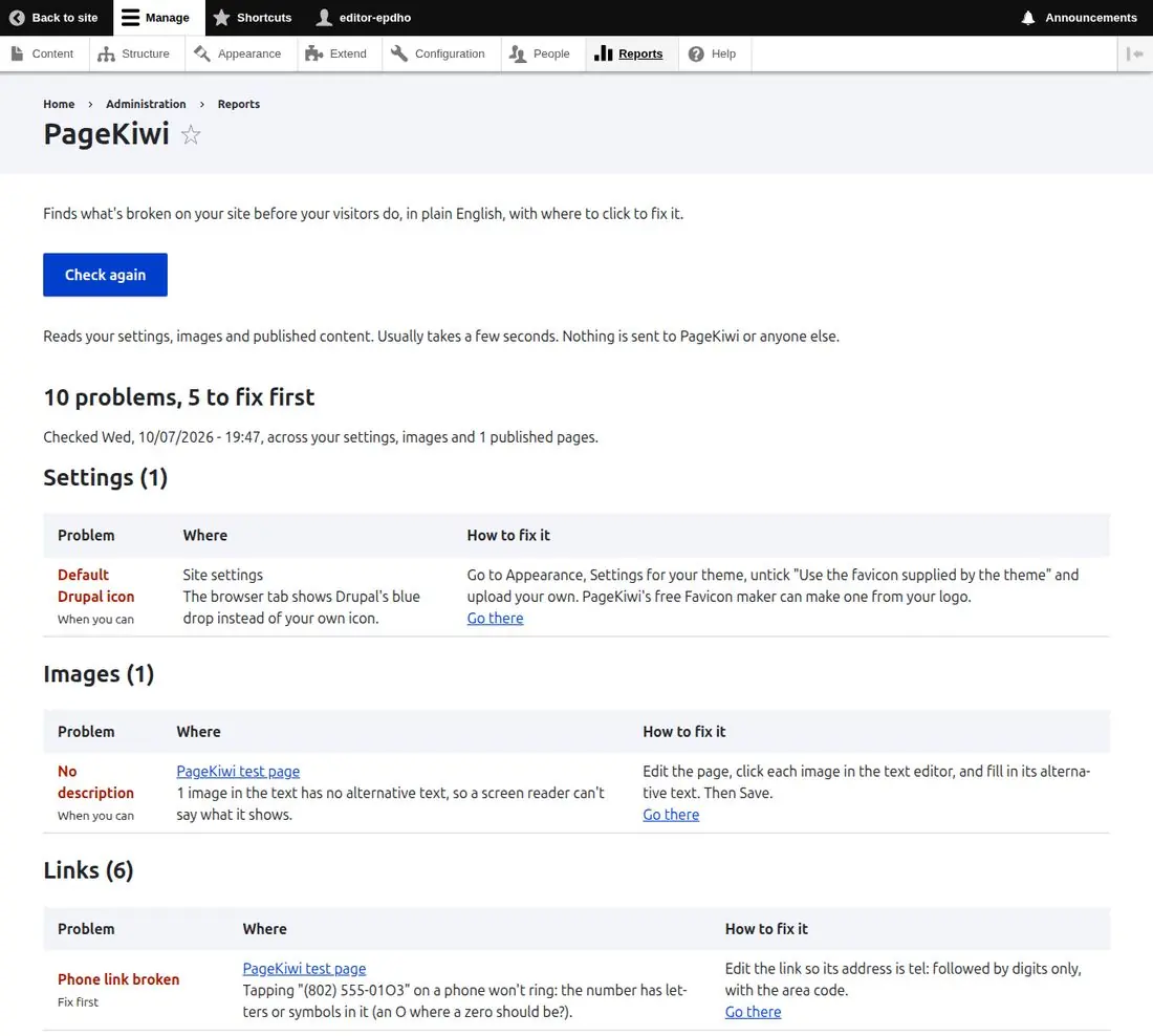 PageKiwi's results on Drupal 10: problems grouped by settings, images and links, each with where it is, how to fix it and a Go there link