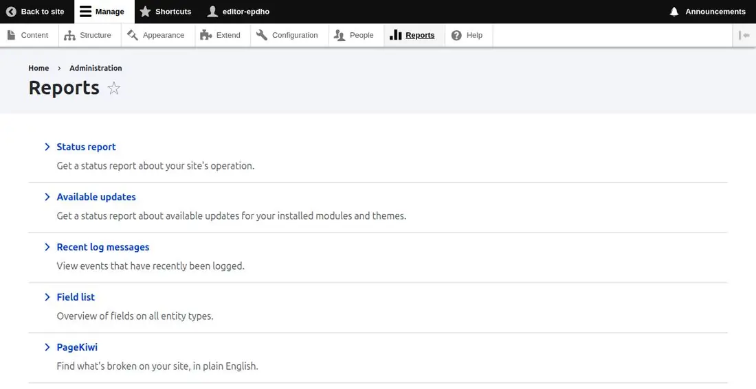 Drupal 10's Reports page with PageKiwi listed, and the admin toolbar along the top