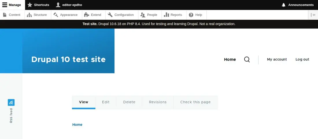 A page on Drupal 10 with tabs View, Edit, Delete, Revisions and Check this page