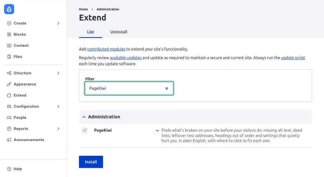 Drupal 11's Extend page filtered to PageKiwi, with its box checked and the Install button below; the new navigation sidebar is on the left