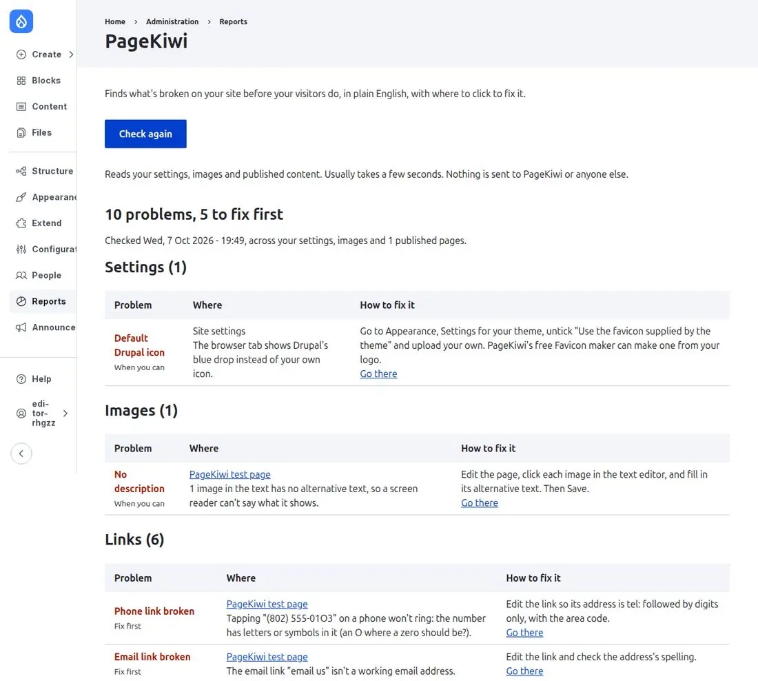 PageKiwi under Reports in Drupal 11: 10 problems found, grouped into settings, images, links and headings, each with where it is and how to fix it