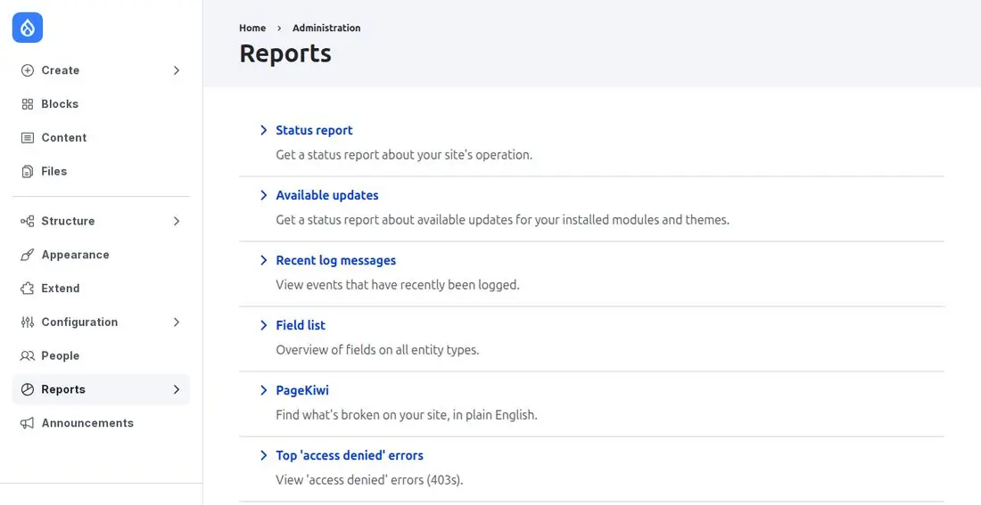 Drupal 11's Reports page with PageKiwi listed, and the navigation sidebar on the left