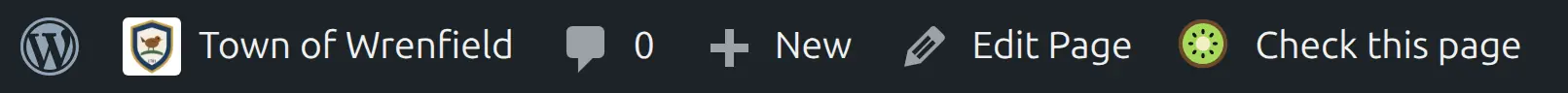 WordPress's admin bar on a page of the site, with a kiwi and Check this page after Edit Page