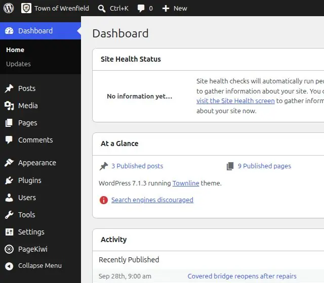 The WordPress admin menu with PageKiwi listed below Settings