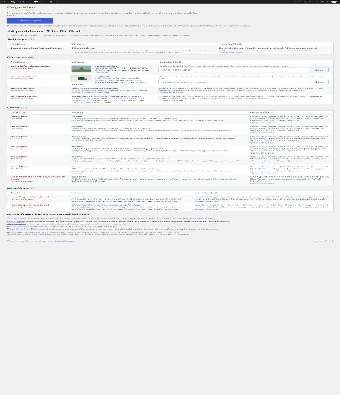 PageKiwi's results in WordPress: problems grouped by settings, pictures and links, each with where it is, how to fix it and a Go there link, and an alt text box with a Save button