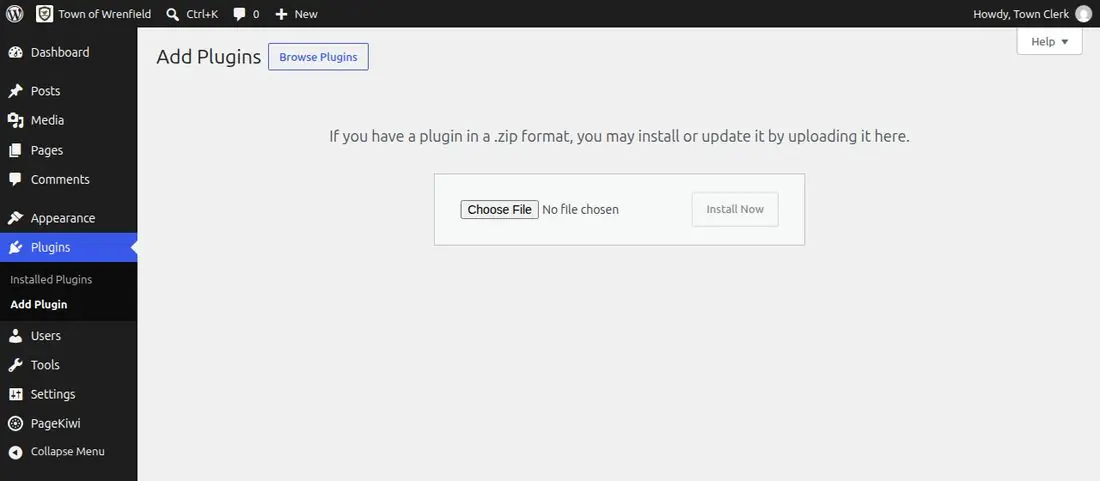 WordPress's Add Plugins screen with the Upload Plugin box: Choose File and Install Now