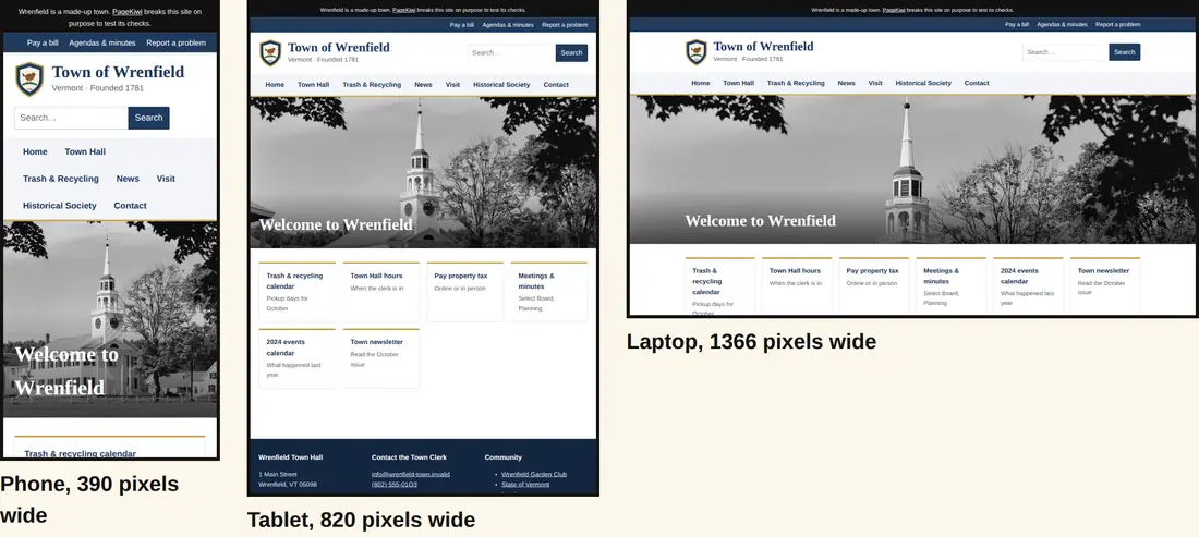 Wrenfield's home page in three frames side by side: a phone 390 pixels wide, where the menu takes three lines, a tablet 820 pixels wide and a laptop 1366 pixels wide, where it fits on one line.