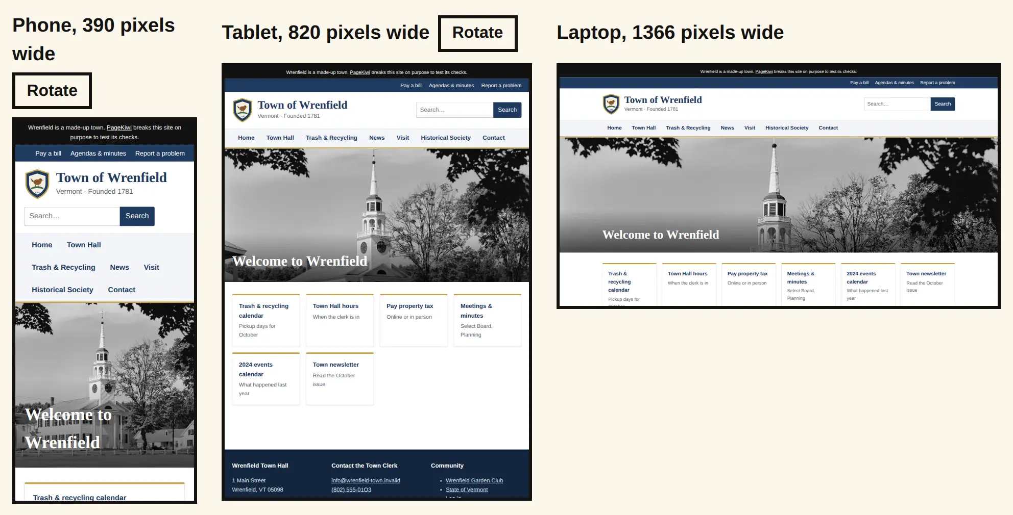 Wrenfield's home page in three frames side by side: a phone 390 pixels wide, where the menu takes three lines, a tablet 820 pixels wide and a laptop 1366 pixels wide, where it fits on one line.