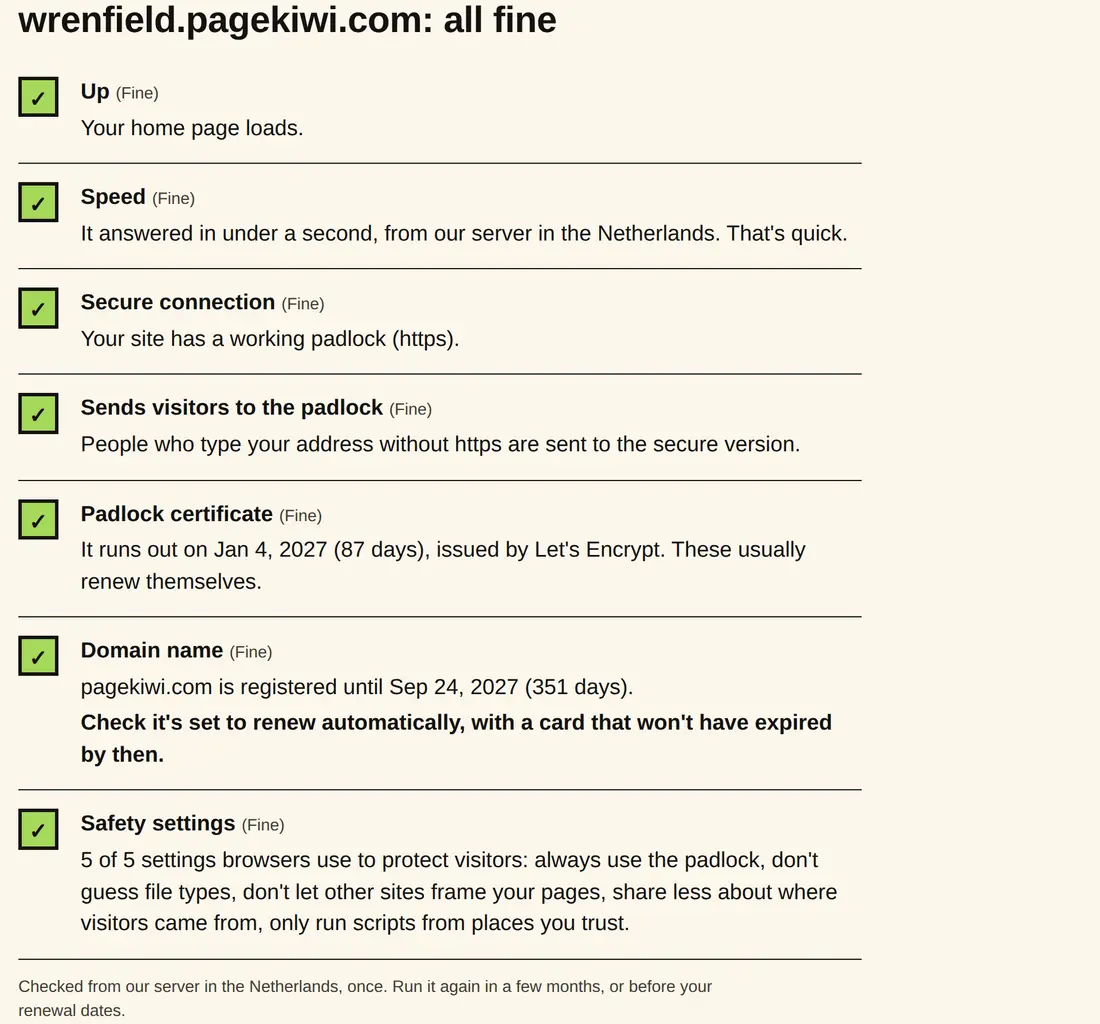 Site health for wrenfield.pagekiwi.com: all fine. Seven rows with check marks: up, speed under a second, a working padlock, visitors sent to https, the padlock certificate running out on Jan 4, 2027, the domain registered until Sep 24, 2027, and 5 of 5 safety settings.