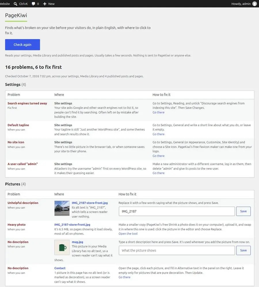 PageKiwi's screen in WordPress: 16 problems found, grouped into settings, pictures, links and headings, each with where it is and how to fix it, and a box to type missing alt text